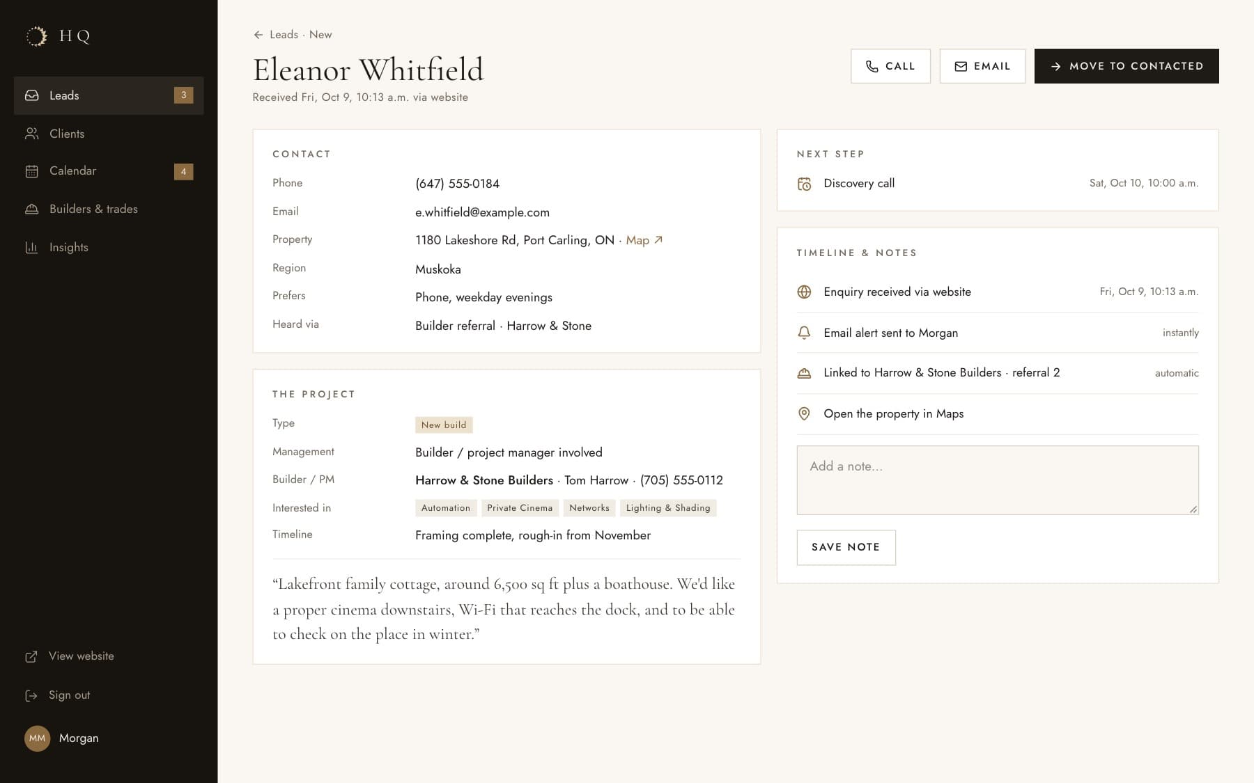 A lead in full: the property, the systems wanted, the builder, and one-tap call, email and maps